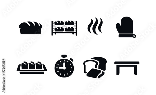 Kitchen Bread Cooling. Filled icon set of Kitchen Bread Cooling: bread loaf, rack stand, heat steam, oven