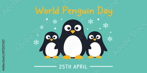 World Penguin Day Banner with Cute Cartoon Penguin Family and Snowflakes