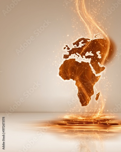Digital Light Map of Europe and Africa with Glowing Network Connections and Energy Sparks on Neutral Background