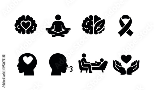 Mental Health Awareness. Filled icon set of Mental Health Awareness: brain with heart, meditation person,
