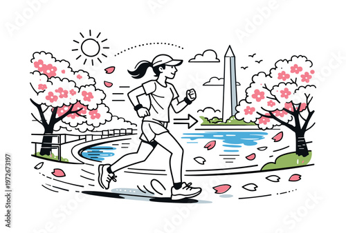 Jogging during cherry blossom season Washington. A runner moves along the Tidal Basin path lined with blooming