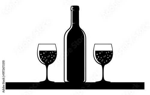 Silhouette of a wine bottle with two glasses of wine on a shelf
