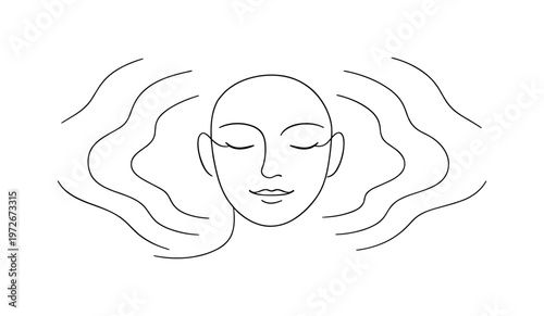 "Peaceful Glow Emotion". Minimalistic one-line drawing subtle light waves radiating outward creating a sense
