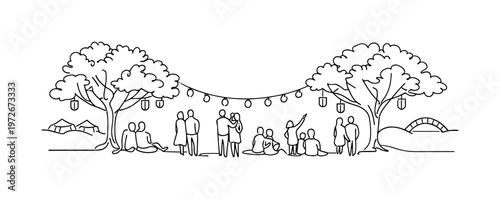 "Night Hanami Celebration". Minimalistic one-line drawing crowd silhouettes enjoying illuminated sakura trees