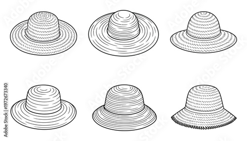 Six different styles of straw hats, black and white