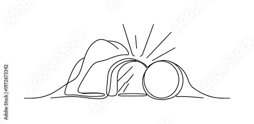 "Empty Tomb with Divine Light". Minimalistic one-line drawing open cave tomb with light flowing from inside