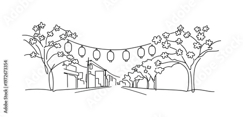 "Tokyo Sakura Night Street". Minimalistic one-line drawing cherry blossom trees lining a Tokyo street with