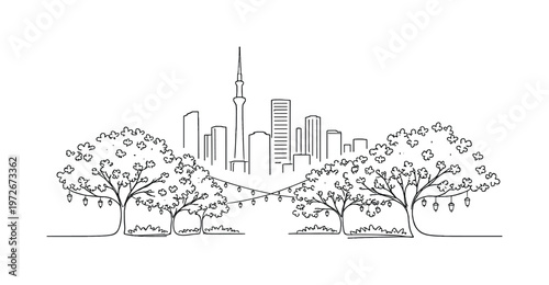 Sakura Skyline Silhouette. "Sakura Festival City Skyline". Minimalistic one-line drawing cherry blossom trees
