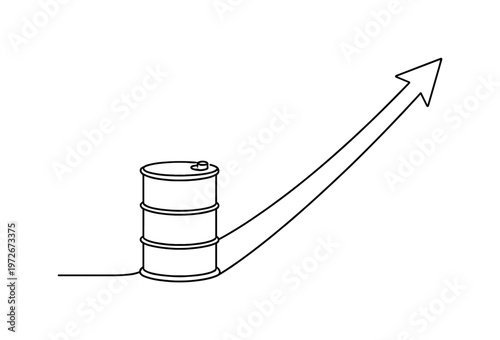 "Fuel Cost Surge Concept". Minimalistic one-line drawing oil barrel transforming into an ascending arrow