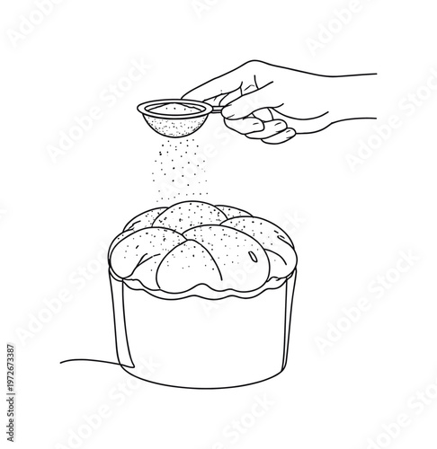 "Easter Bread Finishing Touch". Minimalistic one-line drawing hand gently dusting powdered sugar over a