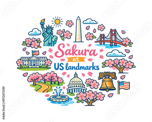 Sakura at US landmarks. Hand drawn illustration of Sakura at US landmarks. cherry blossoms, sakura petals,