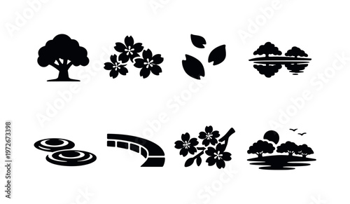 Tidal Basin Sakura. Filled icon set of Tidal Basin Sakura: sakura tree, cherry blossom flowers, petal fall,