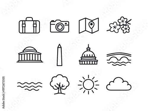 Spring tourism in Washington DC. Line outline icon set of Spring tourism in Washington DC: suitcase, camera,