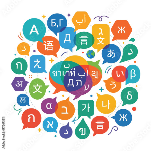 Vibrant illustration of multilingual speech bubbles in various colors and languages on a white background, conveying a global language and communication concept with a joyful mood.