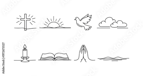 "Faith and Calm Radiance Scene". Minimalistic set one-line drawing cross with shining rays, rising sun, soft