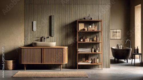 Modern bathroom interior design with wooden vanity and shelving