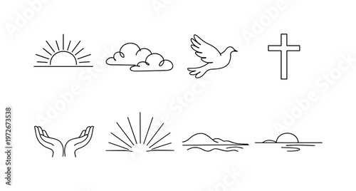 "Golden Light Sky Spiritual Aesthetic". Minimalistic set one-line drawing radiant sun with rays, soft cloud