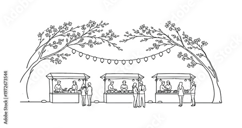 "Sakura Street Food Market". Minimalistic one-line drawing small vendor stands serving food beneath arching