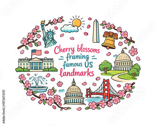 US Landmarks With Blossoms. Cherry blossoms framing famous US landmarks. Hand drawn illustration of Cherry