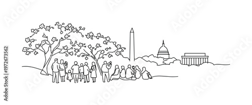 "Blossom Festival Atmosphere Washington". Minimalistic one-line drawing visitors gathered beneath cherry
