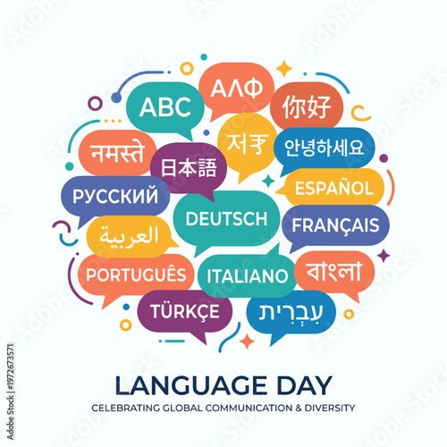 Vibrant illustration of multilingual speech bubbles in various colors on a white background, celebrating Language Day with global communication and diversity.