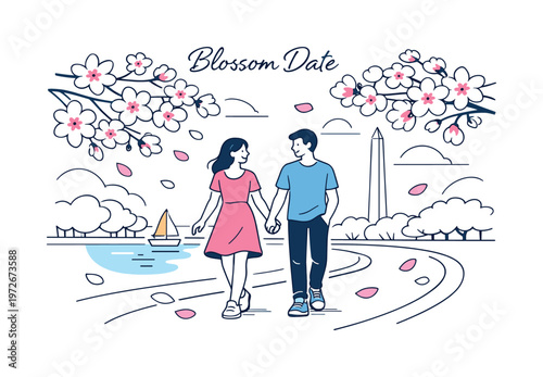 Cherry blossom date DC. A couple walking hand in hand along the Tidal Basin under sakura trees, with petals