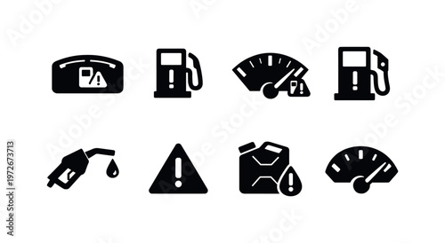 Low Fuel Warning. Filled icon set of Low Fuel Warning: car dashboard, fuel warning light, low fuel gauge,