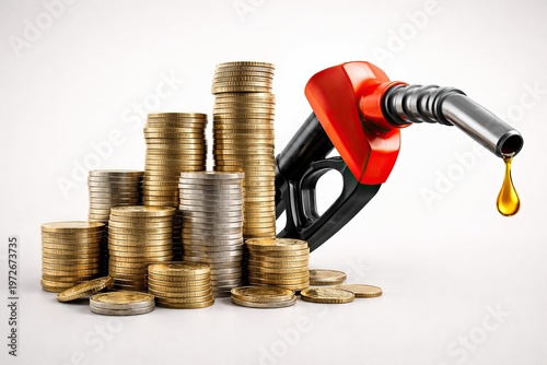 Economic Impact of Fuel Prices: Stacked Coins with Gasoline Nozzle Dripping Oil Illustrating Financial Challenges in Energy Industry