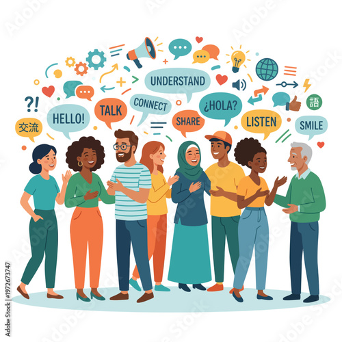Diverse group of people communicating and interacting with speech bubbles and icons on a clean white background, conveying a joyful and international mood with a flat design illustration