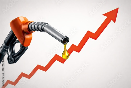 Soaring Fuel Prices Concept: Gas Pump Nozzle with Rising Arrow and Oil Drop Symbolizing Economic Impact