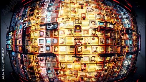Vintage TVs forming giant spherical display with diverse faces