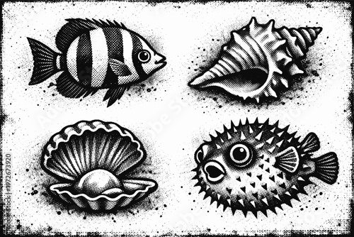 Retro Ocean Elements Set with Photocopy Grunge Effect Featuring a Striped Tropical Fish, Spiky Pufferfish, Conch Shell, and Open Oyster with Pearl for Vintage Collage Art and Graphic Design.