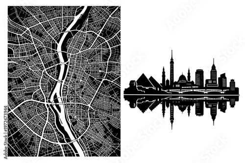 Cairo Egypt City Map and Skyline Silhouette Vector Illustration with Detailed Street Plan, Nile River, and Iconic Landmarks including Pyramids of Giza, Sphinx, and Cairo Tower for Travel Posters.