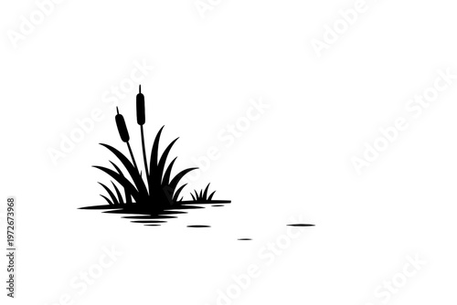 Silhouette of a great blue heron standing gracefully in a marsh among cattails and aquatic grass in the water, elegant wildlife vector illustration for nature, wetland, and birding designs.