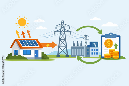 Solar energy export to power grid and billing credit workflow illustration. House with solar panels sending electricity to utility substation for financial savings and net metering concept.