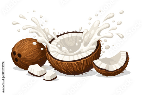 Realistic Vector Illustration of Fresh Coconuts with Splashing Milk, Whole Nut, Half Shell, and White Flesh Pieces Isolated on White Background. Organic Natural Product for Food and Drink Design.