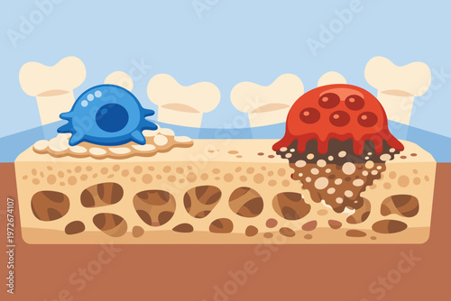Bone Remodeling Process Vector Illustration Featuring Osteoblasts Synthesizing New Bone Tissue and Osteoclasts Removing Old Bone Tissue in a Cross-Section of Spongy Trabecular Bone Structure.
