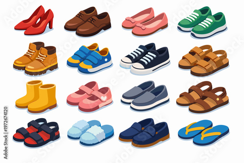 Isometric Vector Illustration Set of Diverse Footwear for All Ages; Featuring Sneakers, High Heels, Dress Shoes, Work Boots, Sandals, Slippers, and Flip-Flops for Men, Women, and Children.