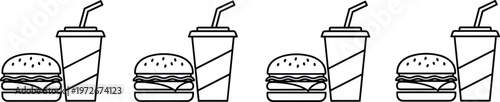 This black and white illustration depicts four identical fast food meal combinations each featuring a burger and a drink high quality professional detailed