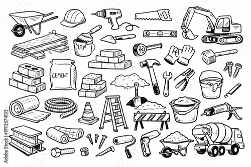 Hand Drawn Construction Doodle Set of Building Materials and Tools Vector Illustration. Collection of Icons Including Hammer, Saw, Drill, Excavator, Cement, Bricks, Ladder, and Safety Equipment.