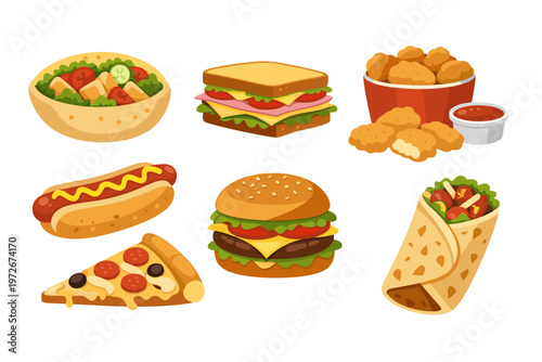 Collection of delicious fast food icons featuring a juicy hamburger, hot dog with mustard, pepperoni pizza slice, crispy chicken nuggets, club sandwich, pita salad bowl, and a burrito wrap.