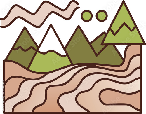 abstract landscape with green mountains snowy peak tree brown terrain and celestial shapes symbolizing nature geometry