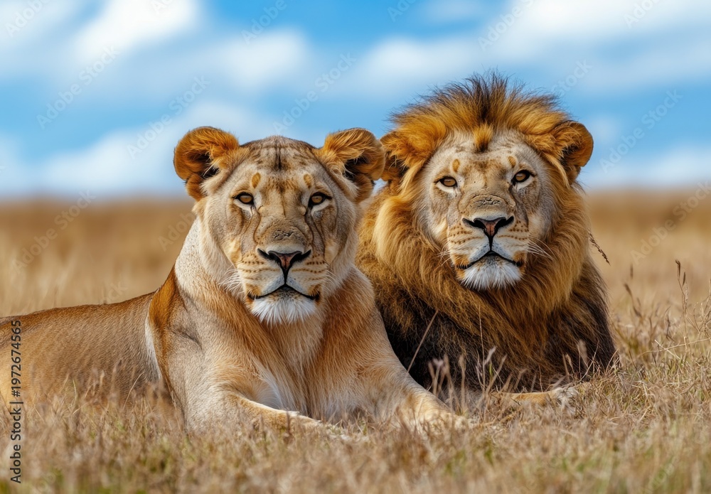 Obraz premium Lion and Lioness Resting in African Savanna
