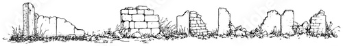 Ruined stone wall and broken masonry with grass in sketch style