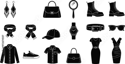 A collection of black silhouette fashion items including jewelry clothing accessories and footwear are displayed on a white background high quality professional detailed