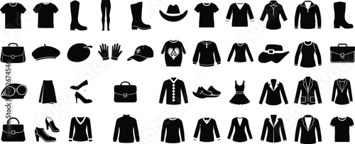 A collection of black silhouette icons depicts various articles of clothing and accessories including shirts pants hats and bags high quality professional detailed
