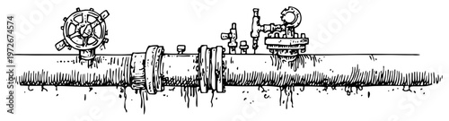 Pipeline system with industrial valves and pressure gauges in sketch style