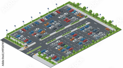Cars parked in large lot.