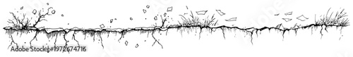 Cracked ground with sparse dry plants and debris in hand drawn style