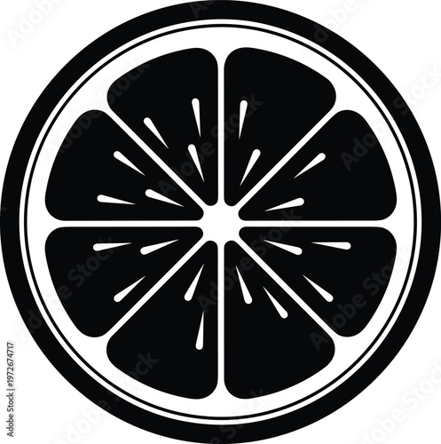 A stark black and white illustration depicts a citrus fruit specifically a lime cut in half to reveal its segmented interior high quality